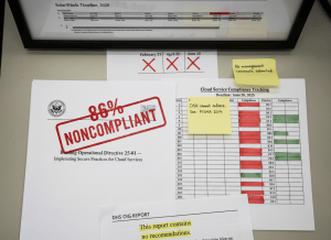 Documentary-style flat-lay on a federal cybersecurity desk. Center: a printed copy of "Binding Operational Directive 25-01 — Implementing Secure Practices for Cloud Services" with a large red rubber stamp across the top reading "86% NONCOMPLIANT." To the right, a compliance tracking spreadsheet showing 102 agency rows — 88 highlighted red, 14 green, with a header reading "Deadline: June 20, 2025." A sticky note reads: "CISA cannot enforce. See: FISMA 2014." Another sticky note: "No management comments submitted." In the background, a framed printout of the SolarWinds breach timeline, 2020. A separate sheet shows three missed deadline dates in sequence: February 21 → April 25 → June 20, each with a red X. At the bottom, a highlighted sentence in a DHS OIG report: "This report contains no recommendations." The mood is institutional futility — the tools exist, the authority does not. Muted palette — federal blue, warning red, government cream, gray, fluorescent light.