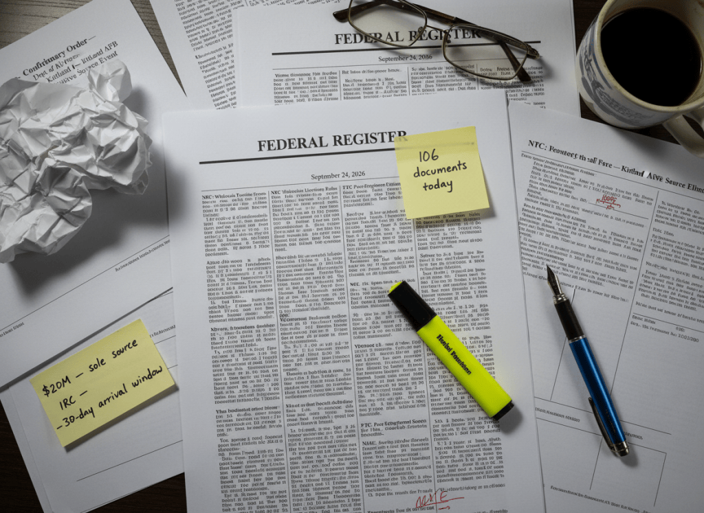 Documentary-style flat-lay on a federal policy analyst's desk. Center: a printed copy of the Federal Register dated September 24, 2026, open to a dense page of rule notices. Visible headlines on the page: "NRC: Wholesale Revision of Reactor Licensing Rules," "Commerce: Polysilicon Import Restriction — Effective Retroactively," "FTC: Post-Employment Ethics Screen Eliminated." A sticky note reads: "106 documents today." Scattered nearby: a printout labeled "Confirmatory Order — Dept. of the Air Force — Kirtland AFB Radioactive Source Event"; a yellow highlighter resting on the phrase "temporary final rule — no prior notice"; a small notecard reading "$20M — sole source — IRC — 30-day arrival window." The mood is the daily grind of federal rulemaking, dense and unglamorous. Muted palette — newsprint gray, federal blue, highlighter yellow, government cream, red pen marks.