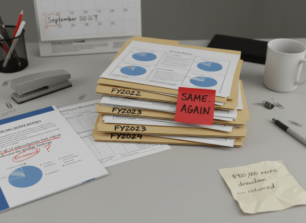 Documentary-style flat-lay on a state grant administrator's desk. Center: a stack of activity reports — three years' worth — labeled "FY2022," "FY2023," "FY2024," all showing identical percentage allocations filled in, with a red sticky note reading "SAME. AGAIN." A DOJ OIG audit report is open nearby, with a highlighted line: "9 of 14 subrecipients had repeat or substantially similar findings." A monitoring checklist shows the word "Encouraged" circled in red with a question mark. To the right, a handwritten note reads: "$900,000 excess drawdown — returned." A calendar on the wall shows a correction deadline circled: "September 2027." The mood is institutional inertia dressed as oversight — the paperwork exists, the problem doesn't change. Muted palette — manila folder tan, government blue, warning red, cream, fluorescent light.