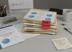Documentary-style flat-lay on a state grant administrator's desk. Center: a stack of activity reports — three years' worth — labeled "FY2022," "FY2023," "FY2024," all showing identical percentage allocations filled in, with a red sticky note reading "SAME. AGAIN." A DOJ OIG audit report is open nearby, with a highlighted line: "9 of 14 subrecipients had repeat or substantially similar findings." A monitoring checklist shows the word "Encouraged" circled in red with a question mark. To the right, a handwritten note reads: "$900,000 excess drawdown — returned." A calendar on the wall shows a correction deadline circled: "September 2027." The mood is institutional inertia dressed as oversight — the paperwork exists, the problem doesn't change. Muted palette — manila folder tan, government blue, warning red, cream, fluorescent light.