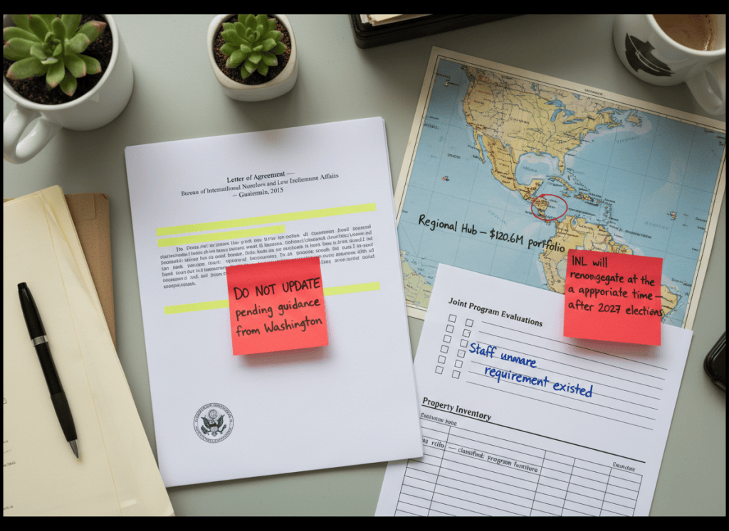 Documentary-style flat-lay on a foreign service officer's desk at a US embassy. Center: a document labeled "Letter of Agreement — Bureau of International Narcotics and Law Enforcement Affairs — Guatemala, 2015" with sections highlighted and a large sticky note reading "DO NOT UPDATE — pending guidance from Washington." To the right, a checklist of joint program evaluations showing every line blank, with a handwritten note: "Staff unaware requirement existed." Nearby: a map of Central America with Guatemala City circled and labeled "Regional Hub — $120.6M portfolio." A second sticky note reads: "INL will renegotiate at an appropriate time — after 2027 elections." A property inventory sheet shows items including "baby cribs — classified: program furniture." The mood is an institution running on incomplete instructions and deferred accountability. Muted palette — diplomatic cream, State Department blue, warning red, gray, tropical green undertone.