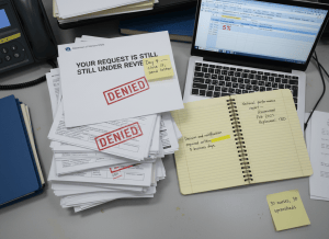 Documentary-style flat-lay on a VA community care administrator's desk. Center: a stack of printed "Requests for Services" forms, each stamped "DENIED" in red — with a cover letter on top reading "Your request is still under review." A sticky note reads: "Day 4 — close it, send the letter." To the right, a compliance tracking spreadsheet shows 5% in one column labeled "3-Day Notification Met." A second document is the VHA Community Care Field Guidebook, open to a highlighted passage: "Decision and notification required within 3 business days." A handwritten note on a yellow pad reads: "National performance report — discontinued Feb 2025. Replacement: TBD." A small note in the corner: "30 nurses, 30 spreadsheets." The mood is institutional dysfunction operating on a schedule — not a failure of capacity, but a failure of will. Muted palette — VA blue, cream, warning red, gray, fluorescent light.