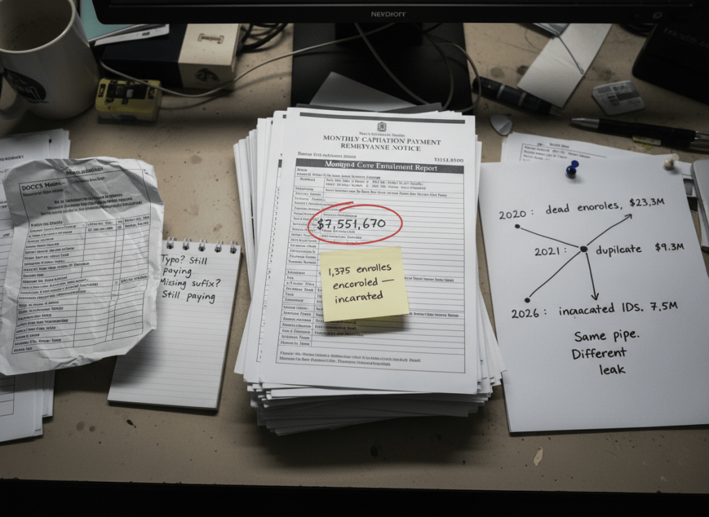 Documentary-style flat-lay on a state Medicaid program administrator's desk. Center: a stack of monthly capitation payment remittance notices, each stamped with a dollar amount — "$7,551,670" circled in red at the top, with a sticky note reading "1,375 enrollees — incarcerated." A New York State Department of Health letterhead document is partially visible with the heading "Managed Care Enrollment Report." A database printout shows a list of enrollee records with a column labeled "DOCCS Match" — most entries show "FAILED — formatting error." A handwritten note reads: "Typo? Still paying. Missing suffix? Still paying." To the right: a timeline chart showing three audit years — 2020: dead enrollees, $23.3M; 2021: duplicate IDs, $9.3M; 2026: incarcerated, $7.5M — each with an arrow pointing to the same label: "Same pipe. Different leak." The mood is systemic inertia mistaken for process. Muted palette — Medicaid blue, government cream, warning red, gray, fluorescent light.