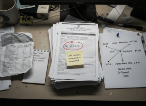 Documentary-style flat-lay on a state Medicaid program administrator's desk. Center: a stack of monthly capitation payment remittance notices, each stamped with a dollar amount — "$7,551,670" circled in red at the top, with a sticky note reading "1,375 enrollees — incarcerated." A New York State Department of Health letterhead document is partially visible with the heading "Managed Care Enrollment Report." A database printout shows a list of enrollee records with a column labeled "DOCCS Match" — most entries show "FAILED — formatting error." A handwritten note reads: "Typo? Still paying. Missing suffix? Still paying." To the right: a timeline chart showing three audit years — 2020: dead enrollees, $23.3M; 2021: duplicate IDs, $9.3M; 2026: incarcerated, $7.5M — each with an arrow pointing to the same label: "Same pipe. Different leak." The mood is systemic inertia mistaken for process. Muted palette — Medicaid blue, government cream, warning red, gray, fluorescent light.