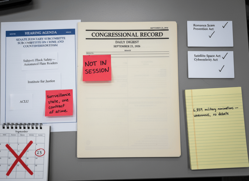 Documentary-style flat-lay on a congressional staffer's desk. Center: a printed Congressional Record Daily Digest for September 23, 2026, open to the Senate section — with a red sticky note on the House section reading "NOT IN SESSION." Nearby: a printed hearing agenda for the Senate Judiciary Subcommittee on Crime and Counterterrorism, with "Flock Safety — Automated License Plate Readers" as the subject, and two witness name cards visible: "Institute for Justice" and "ACLU." A sticky note reads: "surveillance state, one contract at a time." To the right: three small bill summaries — "Romance Scam Prevention Act," "Secure Space Act," "Satellite Cybersecurity Act" — each with a small checkmark. A handwritten note on a yellow pad: "6,859 military nominations — unanimous, no debate." At the bottom left: a small calendar showing Wednesday, September 23 with a large X through it. The mood is institutional routine mistaken for governance. Muted palette — legislative blue, parchment cream, alert red, gray, fluorescent light.