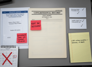 Documentary-style flat-lay on a congressional staffer's desk. Center: a printed Congressional Record Daily Digest for September 23, 2026, open to the Senate section — with a red sticky note on the House section reading "NOT IN SESSION." Nearby: a printed hearing agenda for the Senate Judiciary Subcommittee on Crime and Counterterrorism, with "Flock Safety — Automated License Plate Readers" as the subject, and two witness name cards visible: "Institute for Justice" and "ACLU." A sticky note reads: "surveillance state, one contract at a time." To the right: three small bill summaries — "Romance Scam Prevention Act," "Secure Space Act," "Satellite Cybersecurity Act" — each with a small checkmark. A handwritten note on a yellow pad: "6,859 military nominations — unanimous, no debate." At the bottom left: a small calendar showing Wednesday, September 23 with a large X through it. The mood is institutional routine mistaken for governance. Muted palette — legislative blue, parchment cream, alert red, gray, fluorescent light.