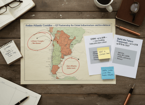 Documentary-style flat-lay on a US State Department economic diplomat's desk. Center: a large map of Argentina with two regions circled in red — "Lithium Triangle / Northwest" and "Vaca Muerta shale basin" — with dotted lines tracing rail and pipeline routes to Atlantic ports. A printed announcement header reads: "Andes-Atlantic Corridor — G7 Partnership for Global Infrastructure and Investment." To the right: a financing summary sheet showing "EXIM: up to $6B — non-binding indicative term sheet" with a sticky note reading "NOT a closed loan." A second sheet shows: "Build the Future Framework — up to $7B by 2027." A bullet list of federal agencies involved: State, DFC, EXIM, USTDA, Commerce, Treasury. A Post-it reads: "Lobito. Luzon. Now Andes-Atlantic." A calendar note says "October — delegation to Buenos Aires, Jujuy, Salta." The mood is strategic infrastructure wrapped in diplomatic language — a framework waiting to become transactions. Muted palette — diplomatic blue, parchment cream, Andean copper/terracotta, gray, map green.