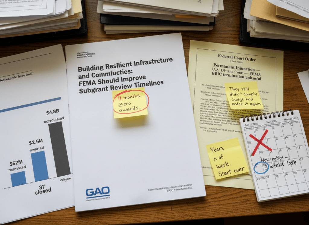 Documentary-style flat-lay on a federal emergency management administrator's desk. Center: a printed GAO report cover — "Building Resilient Infrastructure and Communities: FEMA Should Improve Subgrant Review Timelines" — with a sticky note reading "11 months. Zero awards." circled in red. To the right, a federal court order labeled "Permanent Injunction — U.S. District Court — FEMA BRIC termination unlawful" with a second sticky: "They still didn't comply. Judge had to order it again." A printed FEMA funding notice reads: "Previous subapplications will not be reviewed. Please resubmit." with a handwritten note beside it: "Years of work. Start over." A bar chart shows "$4.8B appropriated / $2.5B awarded / $62M reimbursed / 37 closed." A calendar marks April 4, 2025 with a large X: "BRIC terminated." March 25, 2026 is circled: "New notice — 3 weeks late." The mood is institutional cover dressed as stewardship. Muted palette — FEMA blue, emergency red, government cream, gray, storm cloud charcoal.