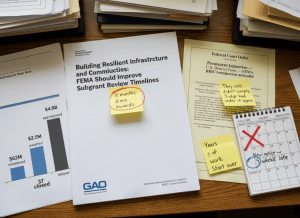 Documentary-style flat-lay on a federal emergency management administrator's desk. Center: a printed GAO report cover — "Building Resilient Infrastructure and Communities: FEMA Should Improve Subgrant Review Timelines" — with a sticky note reading "11 months. Zero awards." circled in red. To the right, a federal court order labeled "Permanent Injunction — U.S. District Court — FEMA BRIC termination unlawful" with a second sticky: "They still didn't comply. Judge had to order it again." A printed FEMA funding notice reads: "Previous subapplications will not be reviewed. Please resubmit." with a handwritten note beside it: "Years of work. Start over." A bar chart shows "$4.8B appropriated / $2.5B awarded / $62M reimbursed / 37 closed." A calendar marks April 4, 2025 with a large X: "BRIC terminated." March 25, 2026 is circled: "New notice — 3 weeks late." The mood is institutional cover dressed as stewardship. Muted palette — FEMA blue, emergency red, government cream, gray, storm cloud charcoal.