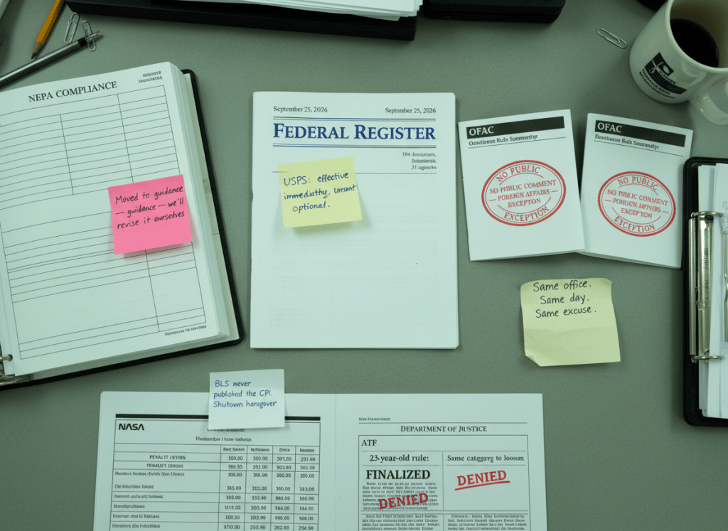 Documentary-style flat-lay on a federal regulatory analyst's desk. Center: a printed Federal Register cover dated September 25, 2026 — "104 documents, 31 agencies" — with a sticky note reading "USPS: effective immediately. Comments optional." A NEPA compliance binder is open with a sticky: "Moved to guidance — we'll revise it ourselves." To the right: two OFAC rule summaries side by side, both stamped "No public comment — foreign affairs exception." A handwritten note reads: "Same office. Same day. Same excuse." Below: a NASA memo showing a penalty table frozen at 2025 levels with a note: "BLS never published the CPI. Shutdown hangover." An ATF page shows two headlines side by side: "23-year-old rule: FINALIZED" and "Same category: proposing to loosen." A DOJ denial notice lists 10 rulemaking petitions — all stamped "DENIED." The mood is regulatory machinery running at full speed in every direction at once. Muted palette — regulatory gray, Federal Register blue, warning red, cream, fluorescent light.