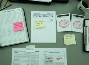 Documentary-style flat-lay on a federal regulatory analyst's desk. Center: a printed Federal Register cover dated September 25, 2026 — "104 documents, 31 agencies" — with a sticky note reading "USPS: effective immediately. Comments optional." A NEPA compliance binder is open with a sticky: "Moved to guidance — we'll revise it ourselves." To the right: two OFAC rule summaries side by side, both stamped "No public comment — foreign affairs exception." A handwritten note reads: "Same office. Same day. Same excuse." Below: a NASA memo showing a penalty table frozen at 2025 levels with a note: "BLS never published the CPI. Shutdown hangover." An ATF page shows two headlines side by side: "23-year-old rule: FINALIZED" and "Same category: proposing to loosen." A DOJ denial notice lists 10 rulemaking petitions — all stamped "DENIED." The mood is regulatory machinery running at full speed in every direction at once. Muted palette — regulatory gray, Federal Register blue, warning red, cream, fluorescent light.