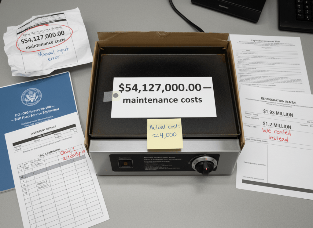 Documentary-style flat-lay on a federal facilities manager's desk. Center: a commercial electric griddle with a large price tag reading "$54,127,000.00 — maintenance costs." A sticky note underneath reads: "Actual cost: ~$4,000." A printout of a Total Maintenance System record shows the entry with six extra zeros, circled in red with a note: "Manual input error." Beside it: a facilities audit report cover reading "DOJ OIG Report 26-100 — BOP Food Service Equipment." An inventory checklist from FMC Lexington shows 14 items listed as "NOT IN SYSTEM" and 18 items marked "OBSOLETE" with a red correction note: "Only 1 actually is." A refrigeration rental invoice for $1.93 million sits next to a price quote for new freezer storage: $1.2 million — with a note: "We rented instead." A Capital Investment Plan document is open to page 1, dated "Through 2031." The mood is systemic neglect dressed up as administrative process. Muted palette — institutional gray, federal blue, invoice white, warning red, fluorescent light.