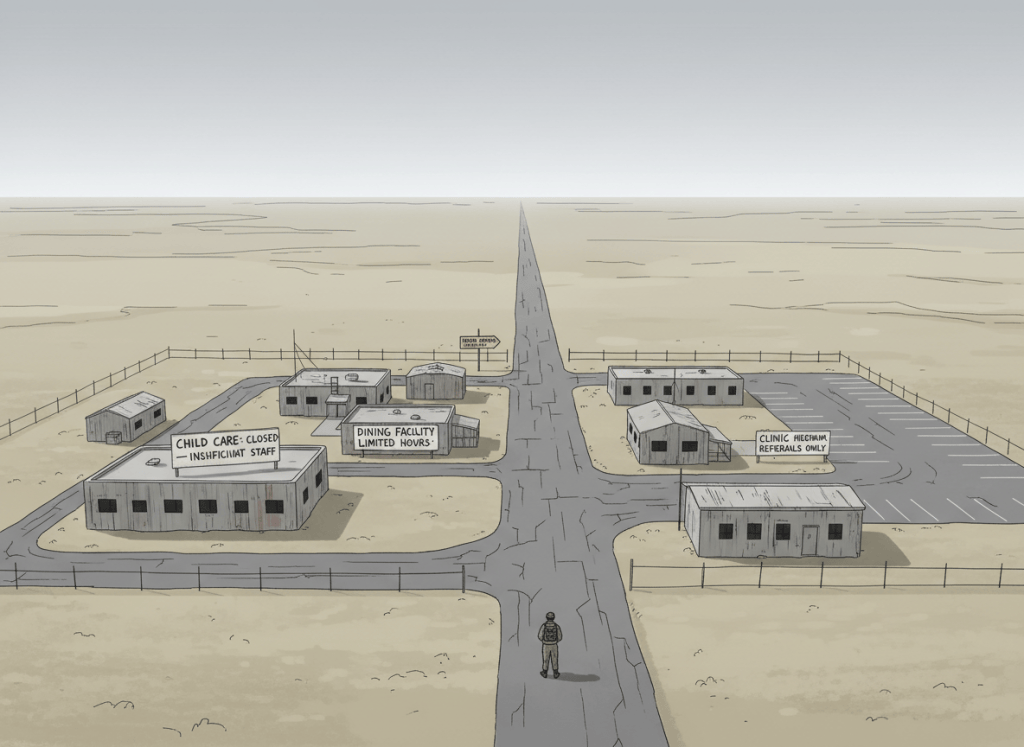 Wide aerial-perspective editorial illustration of a remote military installation in a vast, harsh landscape — think Alaskan tundra or high desert. The base is small, austere, and visibly underpopulated. Several buildings are dark or have hand-lettered signs: "Child Care: Closed — Insufficient Staff," "Dining Facility: Limited Hours," "Clinic: Referrals Only." A single road stretches to the horizon, with a sign reading "Nearest Hospital: 100 miles." A lone figure in uniform stands in an empty parking lot. The sky is overcast and pale. The mood is institutional abandonment — not dramatic, just quiet and matter-of-fact. Muted, cold palette — concrete gray, military tan, tundra beige, pale sky, muted red warning signs. Flat editorial illustration style, not photorealistic.