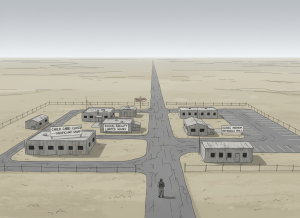Wide aerial-perspective editorial illustration of a remote military installation in a vast, harsh landscape — think Alaskan tundra or high desert. The base is small, austere, and visibly underpopulated. Several buildings are dark or have hand-lettered signs: "Child Care: Closed — Insufficient Staff," "Dining Facility: Limited Hours," "Clinic: Referrals Only." A single road stretches to the horizon, with a sign reading "Nearest Hospital: 100 miles." A lone figure in uniform stands in an empty parking lot. The sky is overcast and pale. The mood is institutional abandonment — not dramatic, just quiet and matter-of-fact. Muted, cold palette — concrete gray, military tan, tundra beige, pale sky, muted red warning signs. Flat editorial illustration style, not photorealistic.