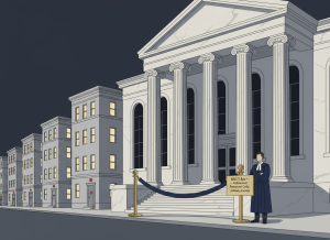 Conceptual editorial illustration in a flat, graphic style. A grand neoclassical courthouse exterior — marble columns, stone steps, imposing facade — but with a large velvet rope and a brass stanchion across the entrance, with a sign reading: "USE IT Act — Authorized Personnel Only. Judiciary Exempt." Through the tall windows, the interior is dark and visibly empty. A lone figure in judicial robes stands beside the sign, arms crossed. To one side, a shadow-lit corridor of identical office buildings stretches to the horizon — labeled "Executive Branch" — each with glowing windows and occupancy sensors mounted above the doors. The courthouse is the only dark building on the street. Muted palette — marble white, deep navy, pale gold lamplight, institutional gray. Wry, understated. Not cartoonish — editorial and composed.