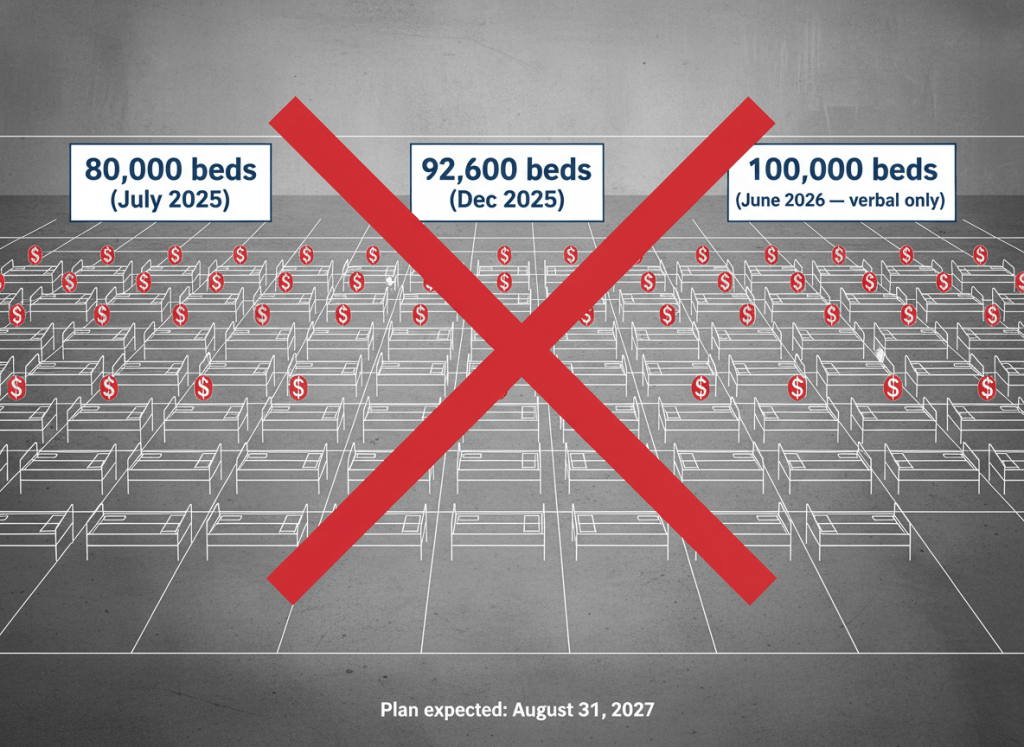 Stark, minimalist infographic-style editorial image. A large grid of empty bed outlines — hundreds of them — arranged in rows across a vast gray floor, like an enormous empty warehouse or tent facility. Most of the beds have a simple dollar sign above them. Three floating labels hover over different sections of the grid: "80,000 beds (July 2025)," "92,600 beds (Dec 2025)," "100,000 beds (June 2026 — verbal only)." A bold red X crosses through the entire grid. At the bottom: a single line of small text reading "Plan expected: August 31, 2027." The mood is bureaucratic recklessness rendered in clean, graphic form. Muted palette — concrete gray, federal blue, sparse red, white grid lines. No people, no faces — just the scale of empty space and unspent logic.