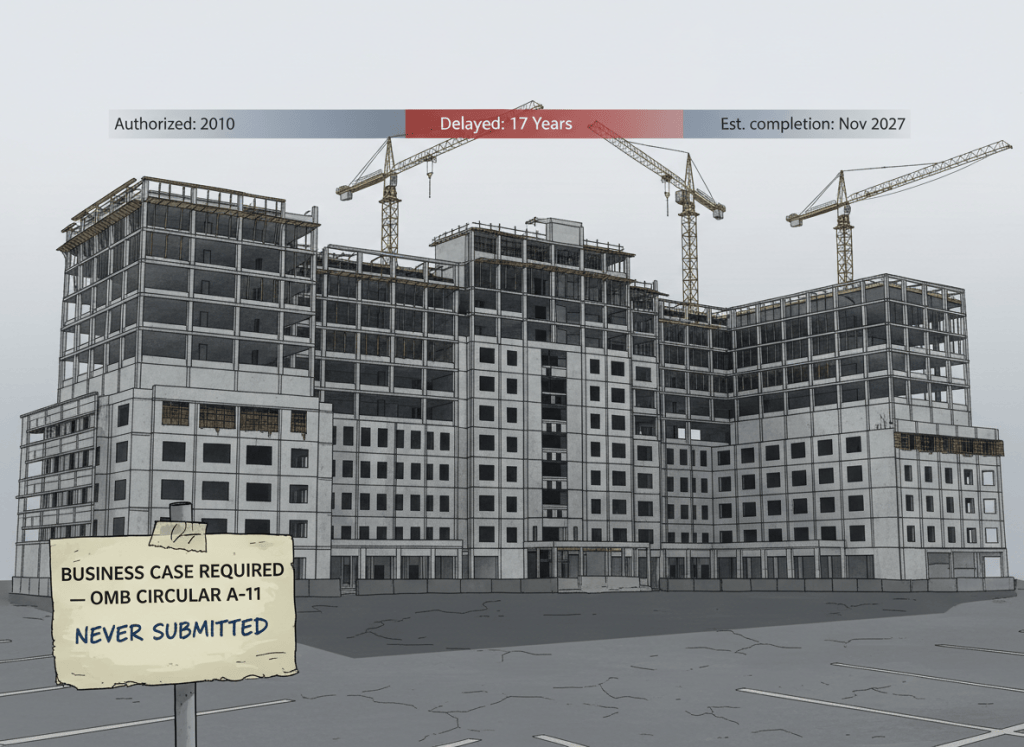A wide establishing shot rendered in a cold, overcast editorial illustration style. A massive partially-constructed hospital building dominates the frame — scaffolding still visible, cranes idle, some windows dark. A construction timeline chart is superimposed across the sky like a ghost: a horizontal bar labeled "Authorized: 2010" on the left stretches to a narrow bar on the right labeled "Est. completion: Nov 2027." The gap between them is enormous and shaded red. In the foreground, a small sign reads: "Business Case Required — OMB Circular A-11." Below it, someone has taped a handwritten note: "Never submitted." The building's shadow falls across an empty parking lot. Pale, overcast sky. Muted palette — construction yellow, concrete gray, bureaucratic beige, warning red. Flat editorial illustration with a quiet sense of institutional failure stretching across decades.