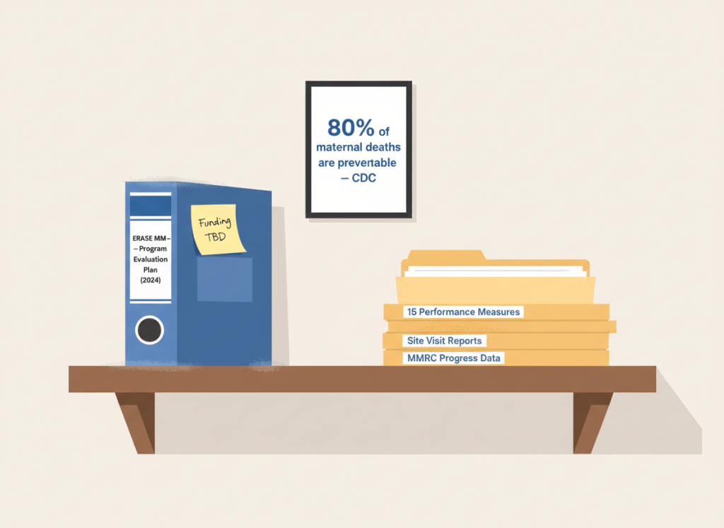 A quiet, measured editorial illustration. A single wide wooden shelf mounted on a plain institutional wall. On the shelf: a thick binder labeled "ERASE MM — Program Evaluation Plan (2024)" standing upright, spine out, gathering a thin layer of dust. A small sticky note attached to the binder reads: "Funding TBD." Next to it, a neat stack of manila folders labeled with performance metrics: "15 Performance Measures," "Site Visit Reports," "MMRC Progress Data." Everything on the shelf is organized and well-maintained — except the evaluation plan binder, which sits slightly apart, like it arrived and never got picked up. Behind the shelf on the wall, a small framed statistic: "80% of maternal deaths are preventable — CDC." The overall tone is not alarmist — it is quiet, clinical, and a little sad. Muted palette: institutional off-white wall, warm manila folder tones, muted federal blue labels, pale gray dust. Flat editorial illustration style.