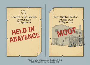 A split-panel editorial illustration in a stark, graphic style. Left panel: a weathered petition document — "Decertification Petition, October 2025, 37 Signatures" — stamped in large red letters: "HELD IN ABEYANCE." A small clock above it shows time passing, hands spinning. Right panel: the same document, now stamped again: "MOOT." Behind it, the faint outline of a shuttered industrial building — a mica processing plant — with boarded windows and a chain-link fence, overgrown at the edges. The two panels are divided by a thin vertical line. At the bottom, a single caption in small type: "The Quartz Corp Altapass plant closed July 1, 2026. The petition was filed October 2025." The mood is bureaucratic finality — not melodrama, just the quiet resolution of a process that outlasted its own purpose. Muted industrial palette: aged parchment, rust red stamps, concrete gray plant silhouette, faded institutional blue. Flat editorial illustration.