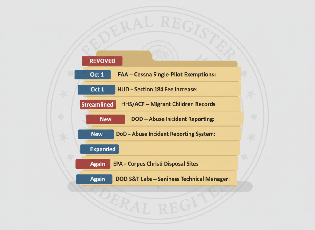 Clean editorial illustration in a flat government document style. A stack of six labeled folders arranged in a neat but slightly precarious pile, each tab representing one of the day's notable items: "FAA — Cessna Single-Pilot Exemptions: REVOKED," "HUD — Section 184 Fee Increase: Oct 1," "HHS/ACF — Migrant Children Records: Streamlined," "DoD — Abuse Incident Reporting System: New," "EPA — Corpus Christi Disposal Sites: Expanded," "DoD S&T Labs — Senior Business Technical Manager: Again." The folders are stacked on a plain government-gray surface. A Federal Register seal watermark is faintly visible in the background. Muted institutional palette — manila folder tan, federal blue, red warning tabs, pale gray. Flat, dry, editorial. No people.