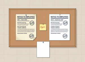 A dry, wry editorial illustration in a flat graphic style. A large bulletin board mounted on an institutional wall. Pinned to it, side by side: two nearly identical documents — both headed "NOTICE TO EMPLOYEES" in large bold type, both stamped with official NLRB seals. The left one is labeled "AAA I — March 2026" and has aged, slightly yellowed edges. The right one is labeled "AAA II — September 2026" and is crisp and fresh. The content on both is nearly word-for-word identical, with key phrases visible: "Bad faith bargaining," "Unlawful retaliation," "Reinstatement ordered." Between them, a small sticky note reads: "Again." At the bottom of the board, a third blank sheet of paper is pinned, as if waiting. The wall behind the board is the plain beige of a breakroom. Muted palette — institutional beige, federal navy seal blue, dull red stamp ink, aged manila. No people. Just the paper trail.