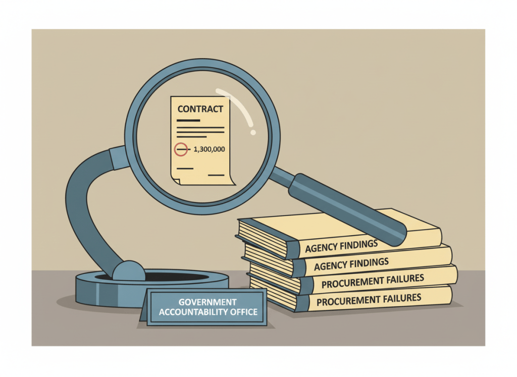 Dry editorial illustration in flat graphic style. A large magnifying glass — the kind used in audit and oversight iconography — is being turned on itself, examining its own handle. Through the lens, you can see a small contract document with a discrepancy circled in red: two numbers that don't match. Below the magnifying glass, a stack of thick government audit reports titled "AGENCY FINDINGS" and "PROCUREMENT FAILURES." On the desk surface, a small placard reads "Government Accountability Office." The magnifying glass has a slight look of sheepishness about it — achieved through drooping rather than a face. Muted institutional palette: slate blue, warm gray, manila yellow, dull red. Flat, dry, wry. No people.