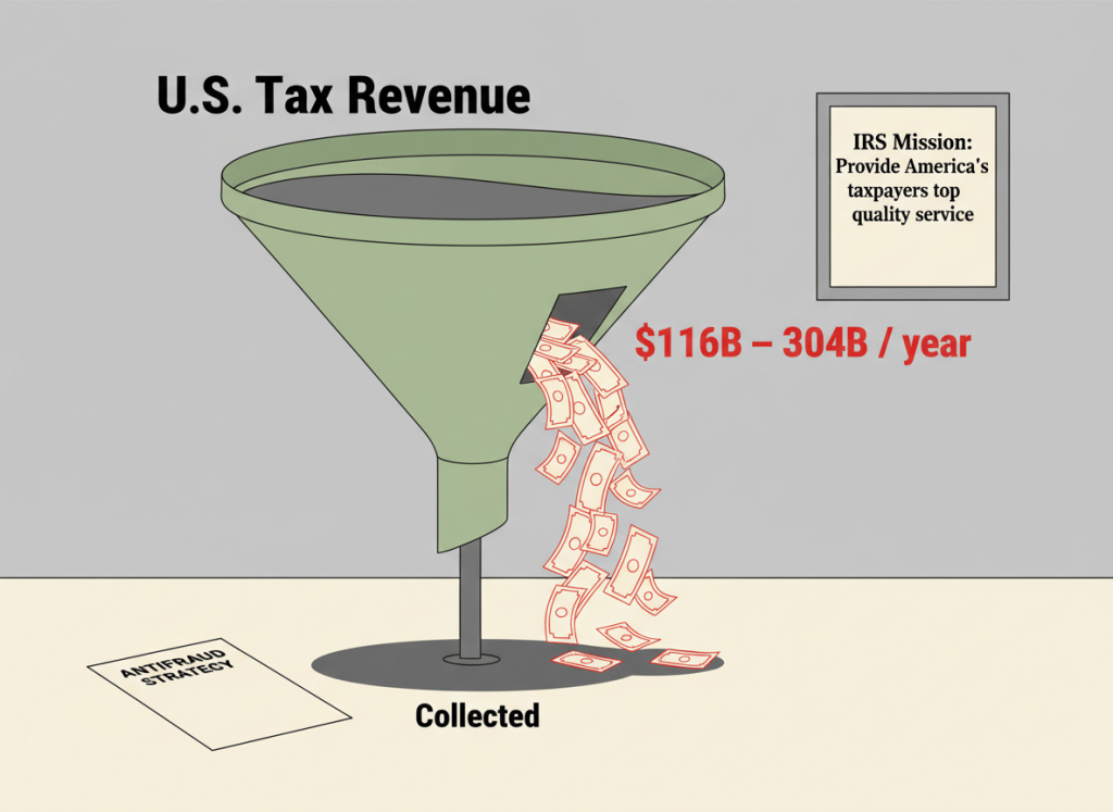 Clean editorial data visualization illustration in flat graphic style. A large funnel graphic dominates the image. At the top of the funnel, a wide stream pours in labeled "U.S. Tax Revenue." Partway down, a wide gap opens in the side of the funnel with a label: "$116B – $304B / year." Bills and documents spill out through the gap and fall away into shadow. At the bottom of the funnel, a much smaller stream exits labeled "Collected." On the floor beside the funnel: a single sheet of paper labeled "ANTIFRAUD STRATEGY" — blank. Nearby, a framed document on the wall reads: "IRS Mission: Provide America's taxpayers top quality service." Muted institutional palette: IRS green, federal gray, red warning accents, pale cream. Flat, wry, dry. No people.