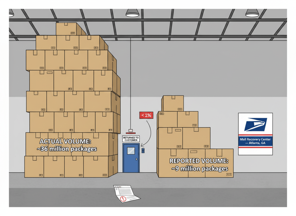 Editorial infographic illustration in flat government data visualization style. A large warehouse interior, rendered simply. Two massive stacks of boxes dominate the scene. The left stack is enormous — reaching nearly to the ceiling — labeled "ACTUAL VOLUME: ~36 million packages." The right stack is a fraction of the height — labeled "REPORTED VOLUME: ~9 million packages." Between the two stacks, a small door marked "RETURNED TO CUSTOMER" has a tiny trickle of boxes going through it, with a sign above: "< 1%." On the far wall, a poster reads "Mail Recovery Center — Atlanta, GA." On the floor, a crumpled Excel spreadsheet is visible with a red error indicator. Muted institutional palette: USPS blue and red, warehouse gray, manila cardboard brown. Flat, dry, editorial. No people.