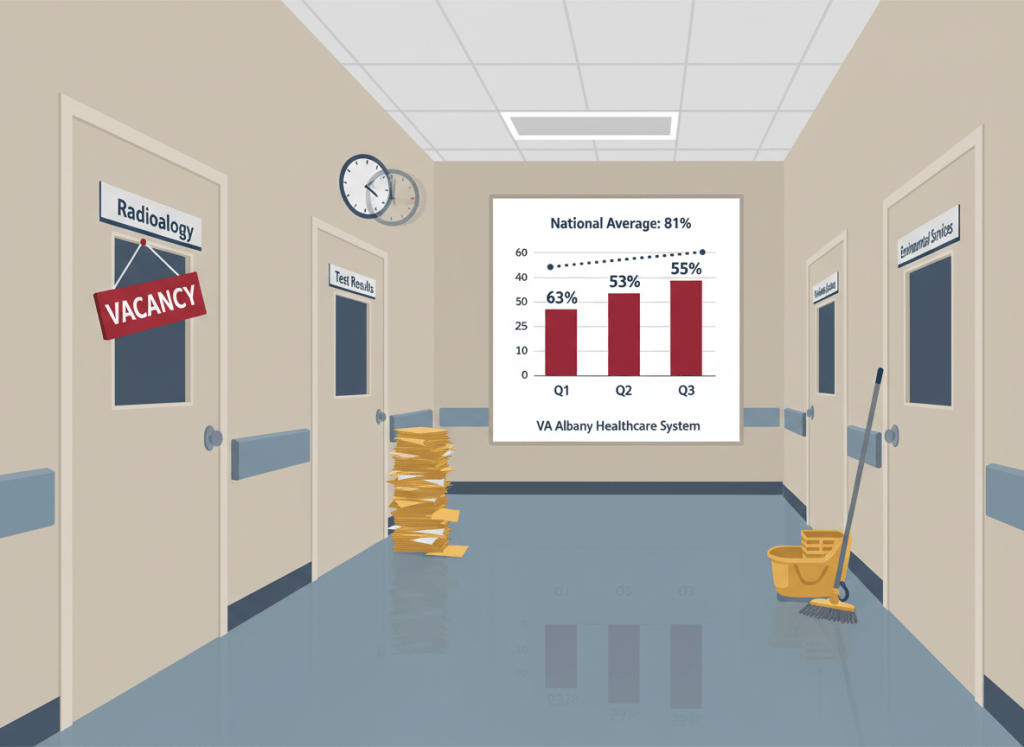 Editorial infographic illustration in flat government data visualization style. A hospital corridor, rendered simply and institutionally. Three adjacent doors line the wall. The first door is labeled "Radiology" — a "VACANCY" sign hangs on it, the lights inside are off. The second door is labeled "Test Results" — a stack of manila envelopes is piled up outside it, a large clock on the wall above shows time passing. The third door is labeled "Environmental Services" — a mop bucket sits outside it, also unattended. On the far wall, a large bar chart shows three consecutive quarters of compliance: 63%, 53%, 55% in Albany red, with a dotted line labeled "National Average: 81%" running well above all three bars. Below the chart, a small placard reads "VA Albany Healthcare System." Muted institutional palette: VA navy blue, hospital corridor beige, red alert accents, manila. Flat, dry, editorial. No people.