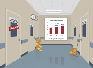 Editorial infographic illustration in flat government data visualization style. A hospital corridor, rendered simply and institutionally. Three adjacent doors line the wall. The first door is labeled "Radiology" — a "VACANCY" sign hangs on it, the lights inside are off. The second door is labeled "Test Results" — a stack of manila envelopes is piled up outside it, a large clock on the wall above shows time passing. The third door is labeled "Environmental Services" — a mop bucket sits outside it, also unattended. On the far wall, a large bar chart shows three consecutive quarters of compliance: 63%, 53%, 55% in Albany red, with a dotted line labeled "National Average: 81%" running well above all three bars. Below the chart, a small placard reads "VA Albany Healthcare System." Muted institutional palette: VA navy blue, hospital corridor beige, red alert accents, manila. Flat, dry, editorial. No people.