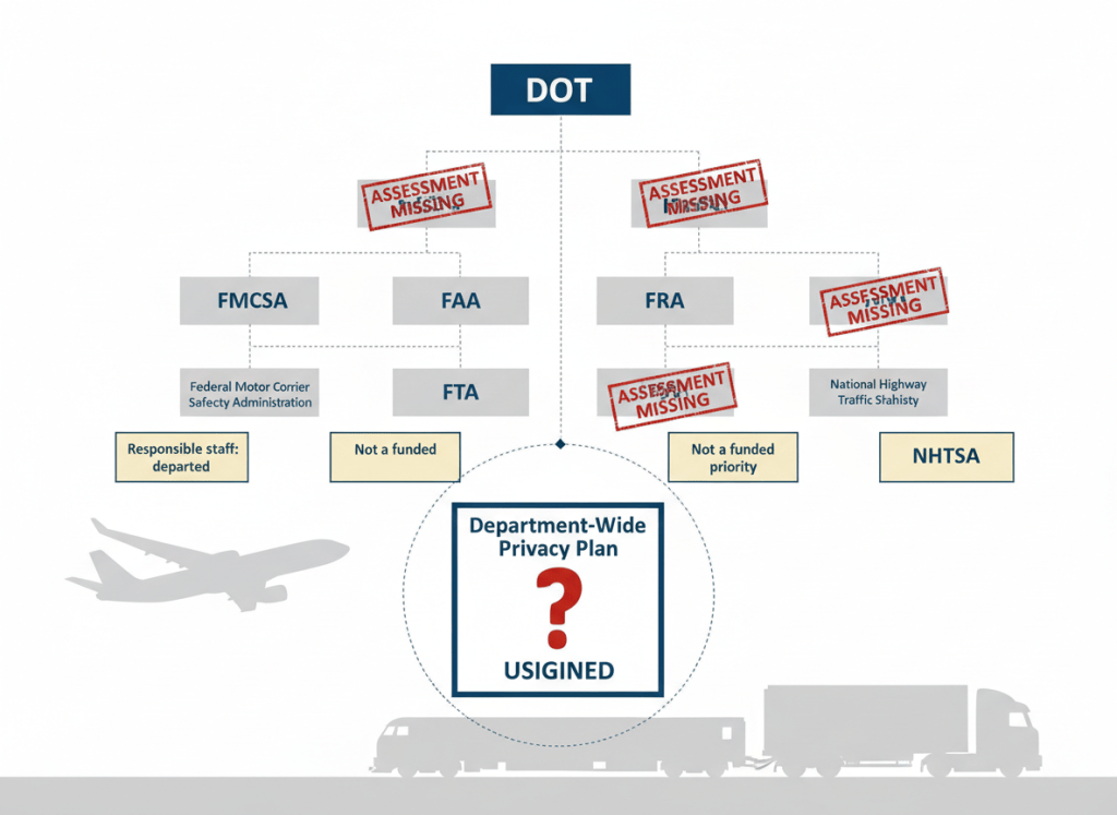 Editorial illustration in flat government infographic style. A large organizational chart of federal agency boxes — labeled "DOT," "FMCSA," "FAA," and others — connected by dotted lines. Several of the boxes have red warning stamps over them reading "ASSESSMENT MISSING." One box (FMCSA) has a note beneath it: "Responsible staff: departed." Another (FAA): "Not a funded priority." At the center of the chart, a box labeled "Department-Wide Privacy Plan" is shown unsigned and marked with a question mark. In the background, faint silhouettes of transportation systems — an airplane, a truck — emphasizing the stakes. Muted institutional palette: DOT blue, federal gray, warning red, manila. Flat, dry, editorial. No people.