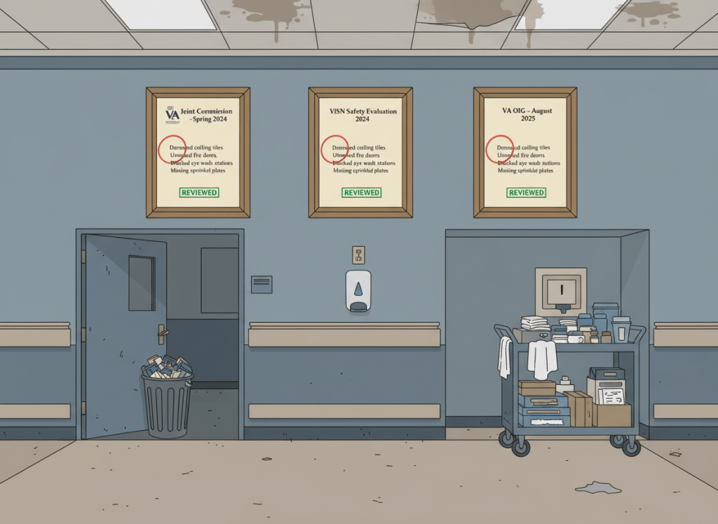 Dry editorial illustration in flat graphic style. A hospital corridor — clean, institutional, slightly worn. On the wall, three framed inspection report covers are mounted side by side like diplomas. Each is labeled with a different year and inspector: "Joint Commission — Spring 2024," "VISN Safety Evaluation — 2024," "VA OIG — August 2025." All three have identical red-circled findings listed in small type: "Damaged ceiling tiles," "Untested fire doors," "Blocked eye wash stations," "Missing sprinkler plates." At the bottom of each frame, a green stamp reads "REVIEWED." But below the frames, the actual corridor shows: a fire door propped open with a trash can, a hand sanitizer dispenser mounted above an electrical outlet, and an eye wash station blocked by a rolling cart. The gap between the framed reports on the wall and the reality below them is the visual point. Muted institutional palette — VA blue-gray, worn beige, inspection red, manila. Flat, wry, dry. No people.