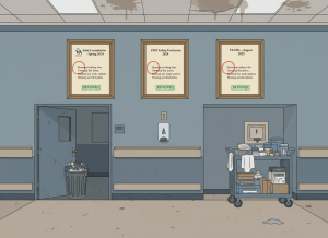 Dry editorial illustration in flat graphic style. A hospital corridor — clean, institutional, slightly worn. On the wall, three framed inspection report covers are mounted side by side like diplomas. Each is labeled with a different year and inspector: "Joint Commission — Spring 2024," "VISN Safety Evaluation — 2024," "VA OIG — August 2025." All three have identical red-circled findings listed in small type: "Damaged ceiling tiles," "Untested fire doors," "Blocked eye wash stations," "Missing sprinkler plates." At the bottom of each frame, a green stamp reads "REVIEWED." But below the frames, the actual corridor shows: a fire door propped open with a trash can, a hand sanitizer dispenser mounted above an electrical outlet, and an eye wash station blocked by a rolling cart. The gap between the framed reports on the wall and the reality below them is the visual point. Muted institutional palette — VA blue-gray, worn beige, inspection red, manila. Flat, wry, dry. No people.