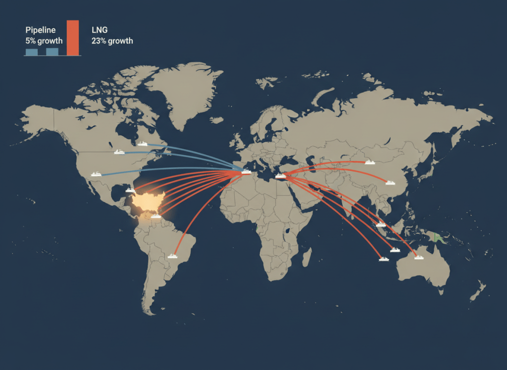 Clean editorial data visualization illustration in flat graphic style. A world map rendered in muted tones, with the United States glowing softly as the origin point. From the Gulf Coast — Texas and Louisiana — thick flowing lines of LNG tanker routes spread outward across the Atlantic and Pacific. The lines vary in thickness by volume: a thick line to Europe (slightly thinner than before), very thick new lines surging to Asia (India, Japan, South Korea, Taiwan, Thailand) and a growing line to Africa (Egypt). Small LNG tanker ship icons dot the routes. In the corner, a simple bar chart shows two bars: "Pipeline 5% growth" and "LNG 23% growth." The palette is muted institutional: deep navy blue ocean, warm gray landmasses, amber/gold for the U.S., red-orange for the surging Asian routes, green for African routes, blue-gray for European routes. Clean, editorial, data-forward. No people.