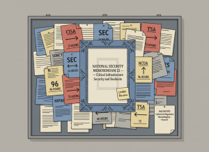 Dry editorial illustration in flat graphic style. A government bulletin board on an institutional wall. At the center, a large framed document labeled "NATIONAL SECURITY MEMORANDUM 22 — Critical Infrastructure Security and Resilience" is mounted prominently — but its glass frame is empty, just a faint rectangular ghost where the document used to be. A small sticky note on the empty frame reads: "Under Review." Surrounding the empty frame on the board: a chaotic tangle of overlapping regulatory documents from different agencies — CISA, SEC, NCUA, HIPAA, TSA — each with different reporting clocks (72 hours, 96 hours, 24 hours) and arrows pointing in conflicting directions. None of the arrows converge. At the bottom corner of the board, a single GAO report sits pinned: "Cybersecurity Regulatory Harmonization — Panel III." Muted institutional palette: government gray, federal blue, security red, manila. Flat, wry, dry. No people.