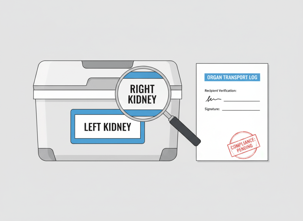 Clean, spare editorial illustration in flat graphic style. A medical transport cooler — the kind used to transport organs — sits on a plain surface. Attached to the front is a label that reads "LEFT KIDNEY." A magnifying glass hovers over it, revealing that the container actually holds the right kidney. Beside the cooler, a verification form is visible with a single signature line — only one signature where the form clearly shows space for two, with the second line blank. A stamp reading "COMPLIANCE: PENDING" in faded red sits at the bottom. The overall mood is clinical and serious — this is not a comedic illustration but a precise, dry editorial one. Muted medical palette: sterile white, cool gray, surgical blue, dull red warning accents. No gore, no human figures, no body parts visible. Just the cooler, the label, and the form.
