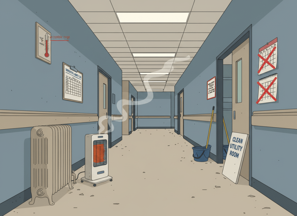 Dry editorial illustration in flat graphic style. A hospital corridor in a VA medical facility — institutional, slightly worn. On one side, a vintage steam radiator is propped up next to a modern space heater, both running, with visible heat lines rising from them. A thermometer on the wall reads below the acceptable range. Beside it, a clipboard holds a checklist titled "Temperature & Humidity Log" — but all the checkboxes are empty. On the floor nearby, a "CLEAN UTILITY ROOM" sign is visible on a door, slightly ajar, with a mop bucket visible just inside. A maintenance work order hangs on the wall: "Heating Unit — Part Not Available. Est. Repair: TBD." A calendar on the wall shows three months X'd off. The mood is institutional weariness, not emergency. Muted VA palette: VA blue-gray, worn institutional beige, dull red warning accents, manila. Flat, wry, editorial. No people.
