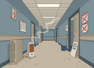 Dry editorial illustration in flat graphic style. A hospital corridor in a VA medical facility — institutional, slightly worn. On one side, a vintage steam radiator is propped up next to a modern space heater, both running, with visible heat lines rising from them. A thermometer on the wall reads below the acceptable range. Beside it, a clipboard holds a checklist titled "Temperature & Humidity Log" — but all the checkboxes are empty. On the floor nearby, a "CLEAN UTILITY ROOM" sign is visible on a door, slightly ajar, with a mop bucket visible just inside. A maintenance work order hangs on the wall: "Heating Unit — Part Not Available. Est. Repair: TBD." A calendar on the wall shows three months X'd off. The mood is institutional weariness, not emergency. Muted VA palette: VA blue-gray, worn institutional beige, dull red warning accents, manila. Flat, wry, editorial. No people.