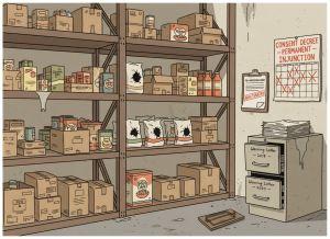 Dry editorial illustration in flat graphic style. A warehouse interior — industrial shelving stacked with food and consumer product boxes, the kind distributed to small retailers. The scene is dimly lit and worn. On one shelf, gnaw holes are visible in rice and cat food packaging. A clipboard on the wall holds an FDA inspection form with the word "ADULTERATED" stamped in red. On a filing cabinet, a stack of papers is labeled "Warning Letter — 2018." Next to it, a second stack labeled "Warning Letter — 2025." On the floor in the corner, a rodent trap is tipped over, unused. A large calendar on the wall shows 2018 crossed out, 2019 crossed out, all the way to 2026, where a new paper labeled "Consent Decree — Permanent Injunction" is pinned. Muted institutional palette: warehouse brown, safety orange, FDA inspection red, beige. Flat, dry, editorial. No animals or people visible — just the evidence of what was there.