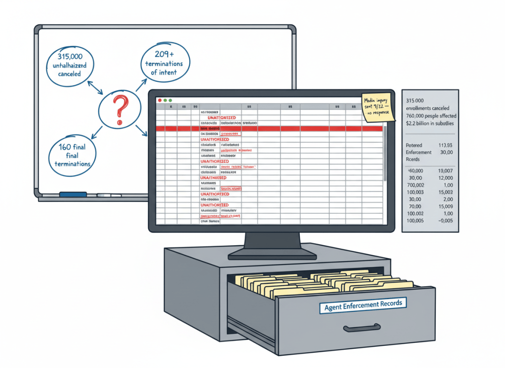 Dry editorial illustration in flat graphic style. A large government enrollment database terminal — the kind associated with HealthCare.gov — displays a spreadsheet with thousands of rows. Many rows are highlighted in red and stamped "UNAUTHORIZED." A side panel shows two columns of numbers that don't quite add up: "315,000 enrollments canceled," "760,000 people affected," "$2.2 billion in subsidies." Below, a filing cabinet drawer is labeled "Agent Enforcement Records" — it's open, but the folders inside are unlabeled. On a whiteboard behind the terminal, four circles are drawn with arrows between them but no connecting labels: "315,000 unauthorized," "200+ terminations," "569 notices of intent," "160 final terminations." A question mark sits in the center where the crosswalk should be. A sticky note on the monitor reads: "Media inquiry sent 9/22 — no response." Muted institutional palette: CMS blue, government gray, warning red, manila. Flat, dry, editorial. No people.