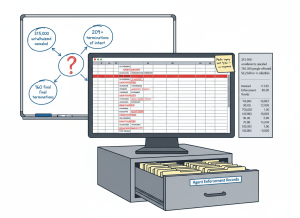Dry editorial illustration in flat graphic style. A large government enrollment database terminal — the kind associated with HealthCare.gov — displays a spreadsheet with thousands of rows. Many rows are highlighted in red and stamped "UNAUTHORIZED." A side panel shows two columns of numbers that don't quite add up: "315,000 enrollments canceled," "760,000 people affected," "$2.2 billion in subsidies." Below, a filing cabinet drawer is labeled "Agent Enforcement Records" — it's open, but the folders inside are unlabeled. On a whiteboard behind the terminal, four circles are drawn with arrows between them but no connecting labels: "315,000 unauthorized," "200+ terminations," "569 notices of intent," "160 final terminations." A question mark sits in the center where the crosswalk should be. A sticky note on the monitor reads: "Media inquiry sent 9/22 — no response." Muted institutional palette: CMS blue, government gray, warning red, manila. Flat, dry, editorial. No people.