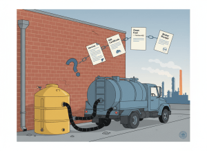Dry editorial illustration in flat graphic style. Behind a restaurant — a back alley, utilitarian. A large yellow grease collection tank sits against a brick wall. A pump truck is connected to it, but the truck is unmarked and the driver is absent — only a hose snaking from the tank to the truck. A paper trail floats in the air above the scene: documents labeled "Invoice," "RIN Certificate," "Clean Fuel Credit — Section 45Z," "Broker Receipt." The documents form a chain from the grease tank to a distant refinery stack on the horizon. But between the restaurant tank and the first document, there is a conspicuous gap — a question mark floating in the air where proof of ownership should be. A small EPA logo appears on one document. A small DOJ seal appears in the corner. Muted editorial palette: alley gray, grease amber/yellow, federal blue, refinery orange. Flat, wry, investigative tone. No people.