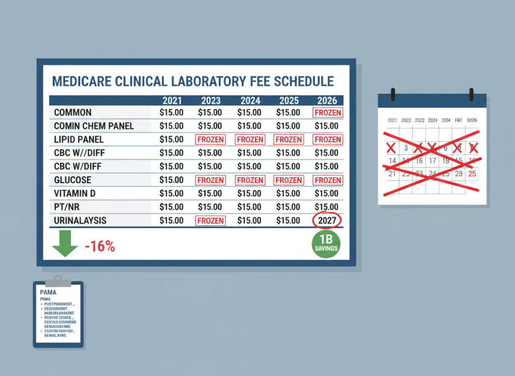Clean editorial illustration in flat graphic style. A large price board — like an airport departures board or a stock ticker — labeled "Medicare Clinical Laboratory Fee Schedule." The board shows a long column of test names with payment rates beside them. Every rate from 2021 through 2026 shows a small "FROZEN" stamp icon in red beside it, with no change year over year. At the bottom, 2027 shows a downward arrow with "-16%" and a green "$1B savings" badge. Beside the board, a calendar on the wall has 2021 through 2026 crossed out in red, with 2027 circled. In the corner, a small clipboard labeled "PAMA" with Congress written above it holds a long list of postponement entries. Muted institutional palette: government blue, freeze white/gray, CMS green, warning red. Flat, dry, editorial. No people.