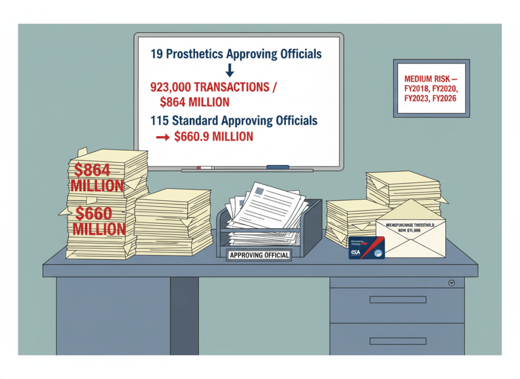 Dry editorial illustration in flat graphic style. A government office desk with stacks of paper — each stack labeled with a dollar amount: "$864 million," "$660 million." On the desk, a single in-tray is overflowing with purchase approval forms. A nameplate reads "Approving Official." A whiteboard on the wall shows a simple org chart: at the top, "19 Prosthetics Approving Officials" with an arrow pointing down to "923,000 transactions / $864 million." Below that, a second line: "115 Standard Approving Officials" → "$660.9 million." In the corner, a government purchase card (GSA SmartPay style) sits on top of an unopened envelope labeled "Micropurchase Threshold: Now $15,000." A small framed sign on the wall reads: "Medium Risk — FY2018, FY2020, FY2023, FY2026." Muted institutional palette: VA blue-gray, manila, audit red, government green. Flat, wry, editorial. No people.
