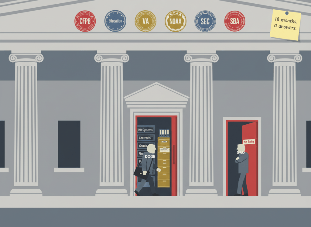 Dry editorial illustration in flat graphic style. A large government building facade — columned, institutional. The front door is wide open and a figure labeled "DOGE" walks in freely carrying a laptop bag. Beside the building, a second figure in a suit labeled "GAO" stands on the front porch, arms folded, facing a closed side door. A small sign on the side door reads "No Entry." Through the open front door, you can just make out server racks and filing cabinets labeled "HR Systems," "Contracts," "Grants," "Finances." Six agency seals line the building's facade: CFPB, Education, VA, NOAA, SEC, SBA. In the corner, a small sticky note reads: "18 months. 0 answers." Muted institutional palette: government gray, warning red, document gold, congressional blue. Flat, dry, editorial. No people faces visible.