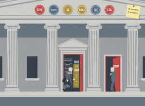 Dry editorial illustration in flat graphic style. A large government building facade — columned, institutional. The front door is wide open and a figure labeled "DOGE" walks in freely carrying a laptop bag. Beside the building, a second figure in a suit labeled "GAO" stands on the front porch, arms folded, facing a closed side door. A small sign on the side door reads "No Entry." Through the open front door, you can just make out server racks and filing cabinets labeled "HR Systems," "Contracts," "Grants," "Finances." Six agency seals line the building's facade: CFPB, Education, VA, NOAA, SEC, SBA. In the corner, a small sticky note reads: "18 months. 0 answers." Muted institutional palette: government gray, warning red, document gold, congressional blue. Flat, dry, editorial. No people faces visible.