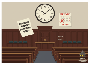 Dry editorial illustration in flat graphic style. A large analog clock on the wall reads just past noon — the minute hand barely moved. Below it, an empty legislative chamber: the House floor, rows of seats, a Speaker's podium at the front. A single sheet of paper floats down from above labeled "Rescission Package — $809.5 Million — 11 Items." A calendar on the wall shows September 30 circled in red with the word "EXPIRES." A door at the back of the chamber is marked "Adjourned — Next Session: October 1." In the corner, a small Senate chamber icon shows lights still on, labeled "Senate: Still in Session — 10:58 PM." Muted institutional palette: chamber mahogany, government gold, warning red, document cream. Flat, wry, editorial. No people.