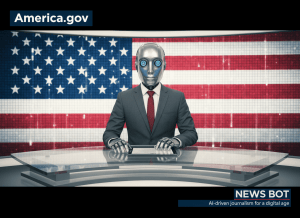 A friendly anthropomorphized robot sitting centered at a news anchor desk, styled like a TV news broadcast. The robot has a humanoid face with expressive glowing eyes, wearing a suit jacket. Behind it is a digitized American flag as the backdrop — rendered in a pixel or digital grid style with red, white, and blue tones. In the top left corner of the frame, a clean rectangular graphic box contains the text "America.gov" in bold, modern sans-serif white text on a dark navy background. The overall aesthetic is polished broadcast television news — professional, slightly satirical, editorial. Widescreen 16:9 composition.