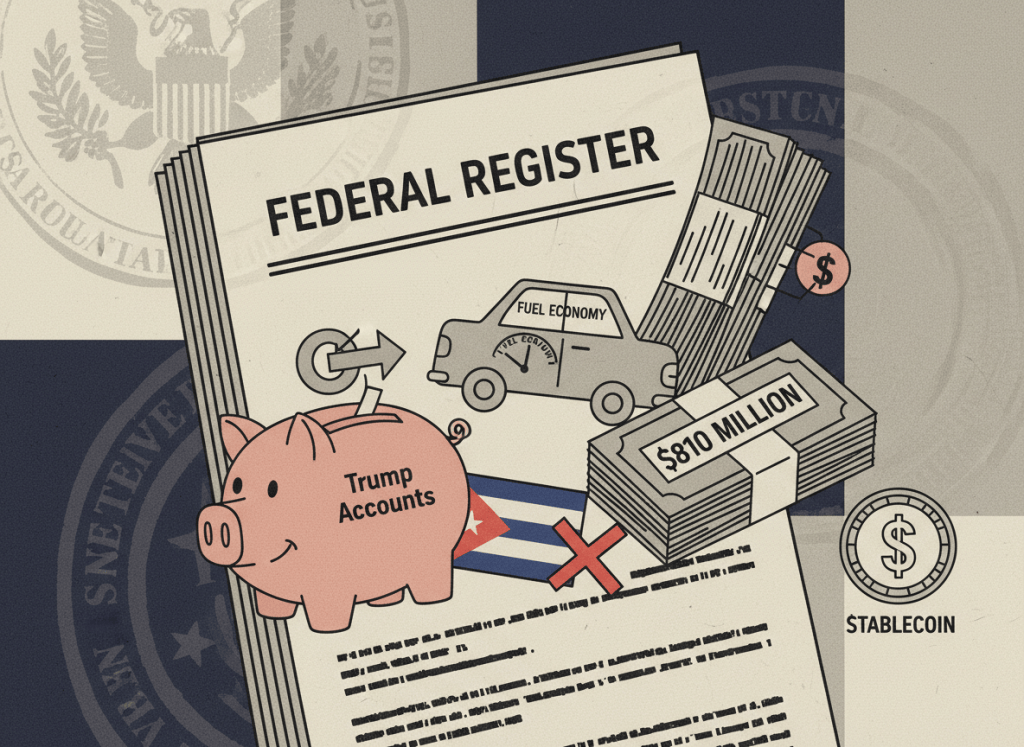 A dry editorial illustration in flat graphic style representing a busy day of federal rulemaking. A large open Federal Register document sits center frame, overflowing with bureaucratic items — a piggy bank labeled "Trump Accounts," a car silhouette with fuel economy gauges, a Cuban flag icon with a red X through a dollar-sign arrow, a stack of dollar bills with "$810 million" stamped on them, and a small stablecoin coin. The background is muted government-document beige and gray with hints of dark navy. The overall aesthetic is wry, editorial, newspaper-style flat illustration. Subtle texture suggesting aged paper. No text other than minimal labels on illustrated items.