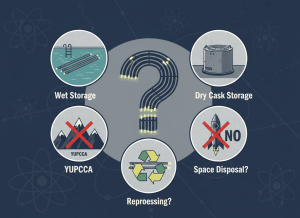 A dry editorial illustration in flat graphic style. A large question mark made of radioactive spent nuclear fuel rods sits center frame, glowing faintly yellow-green at the tips. Around it, small labeled vignettes: a swimming pool with fuel rods submerged, a massive concrete dry-storage cask on a pad, a mountain labeled "Yucca" with a red X through it, a rocket labeled "No" being crossed out, and a spinning recycling symbol over a fuel rod. The background is deep government-document navy and muted gray, with faint atomic orbital diagrams. Wry, editorial, flat newspaper-style illustration. No decorative elements — clean, dry, institutional.